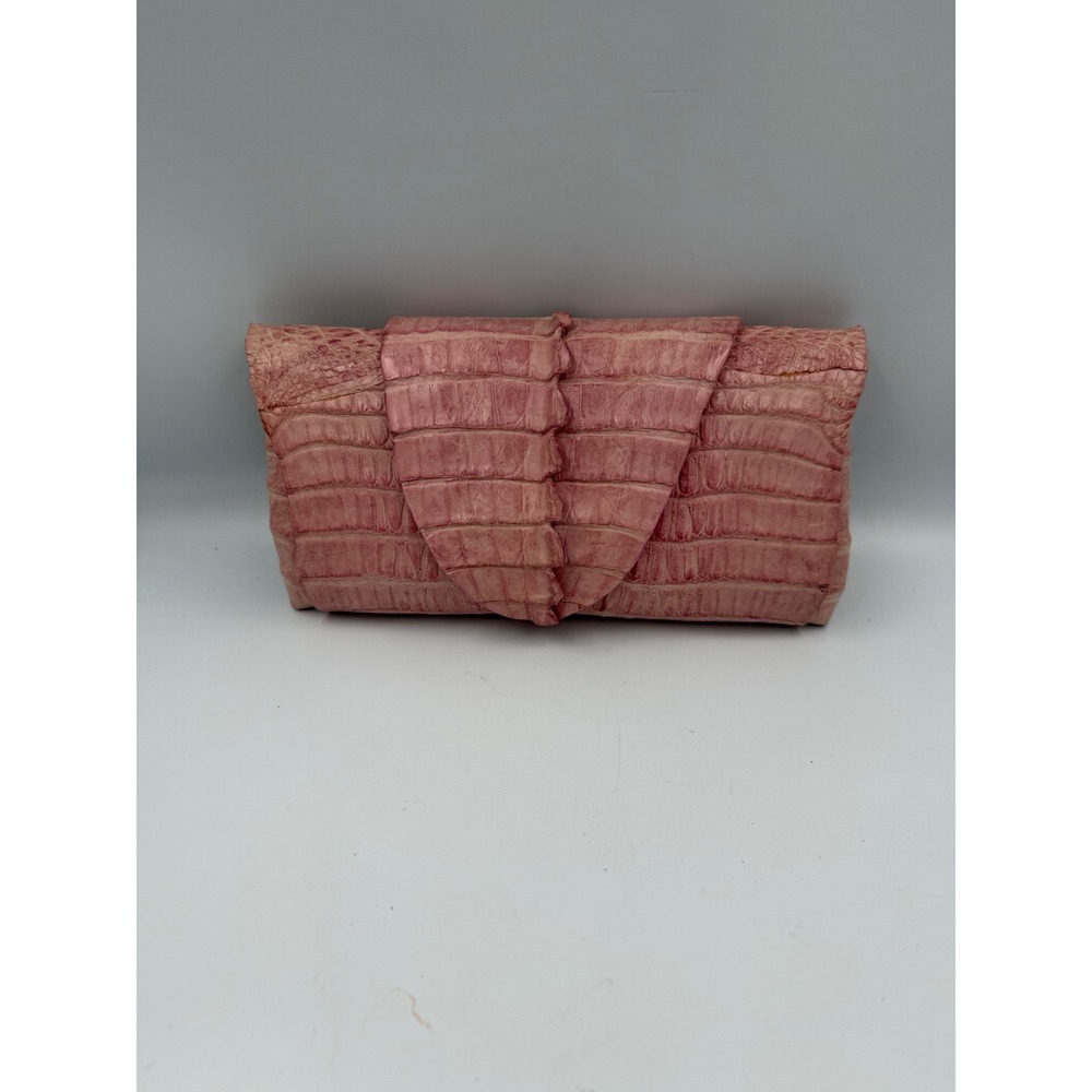 B. Romanek Pink Crocodile Skin Clutch Bag Exotic Leather Evening Purse Luxury